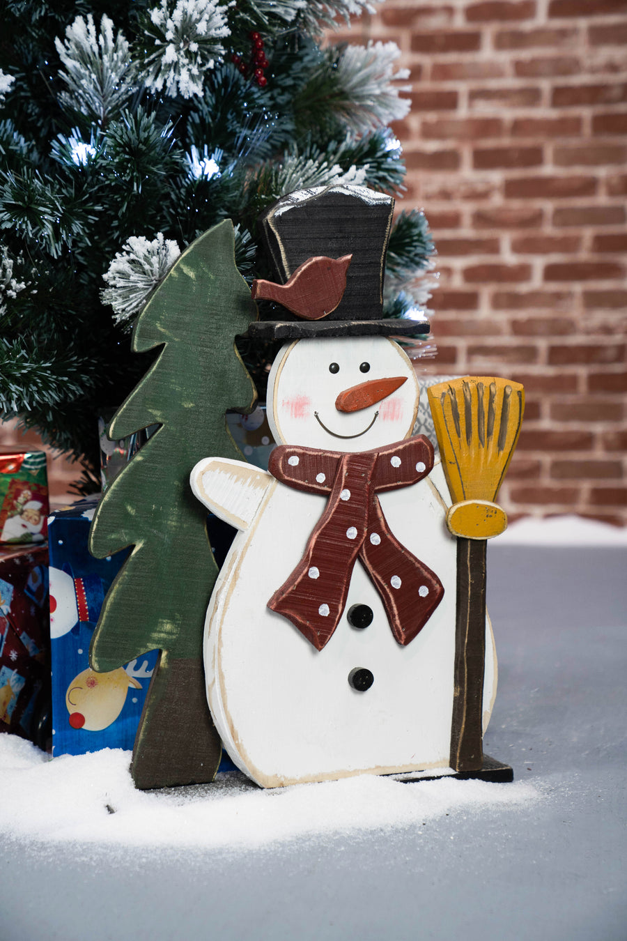 Wooden Snowman W/Broom & Tree Statue Hi-Line Gift Ltd.