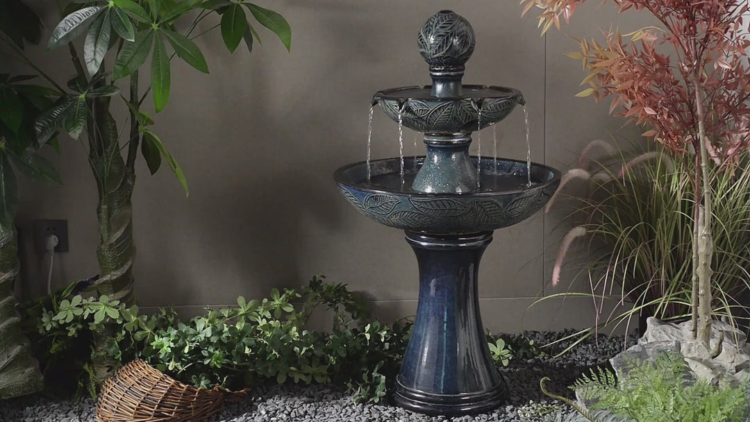 79586-01-BB -  Enchanting Blue 2 Tier Ceramic Fountain with Lights: Serenity in Every Cascade