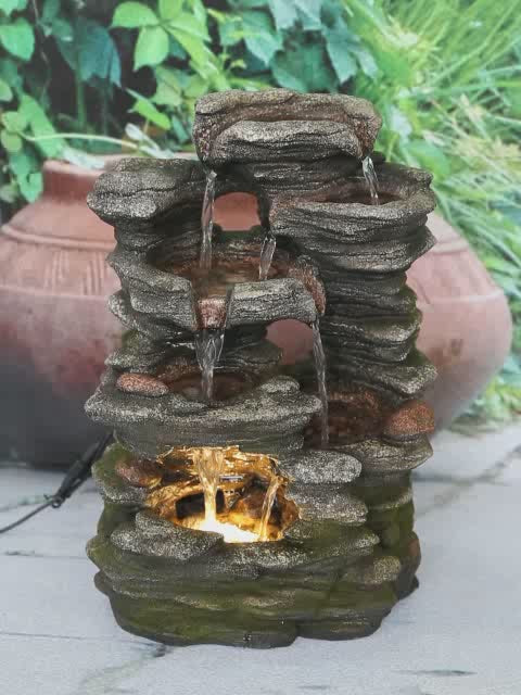 Multi-Level Stone Fountain With Lights