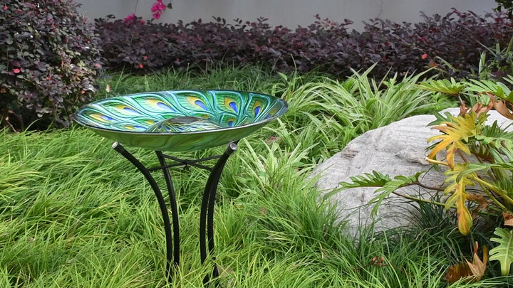 Solar Floral Glass Butterfly Bird Bath With Stand