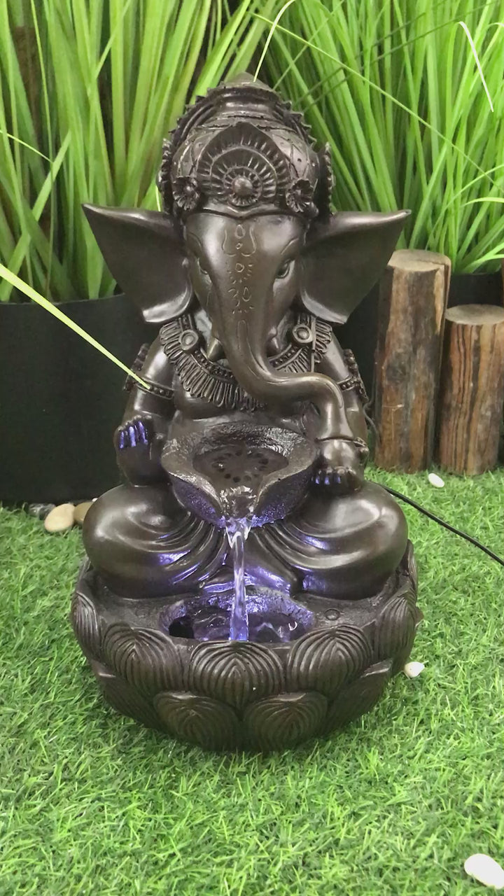 Lord Ganesh Sculptural Tabletop Fountain With  Cool White Led Lights