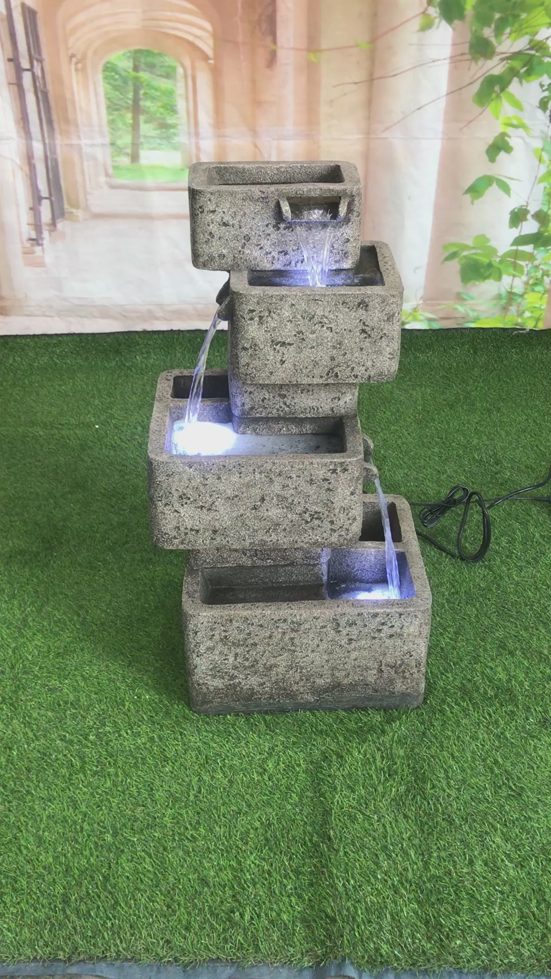Multilevel Concrete Cascading Fountain With  3 Cool White Led Lights