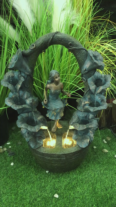Girl On A Swing Fountain With  2 Warm White Led Lights