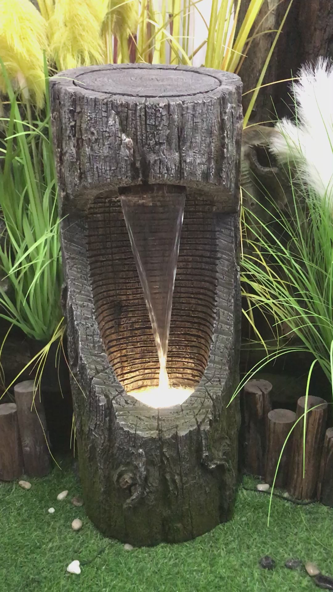 Tree Log Waterfall Fountain With  Warm White Led Lights