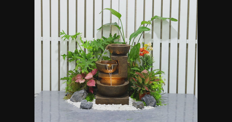 79061-BR - Cascading Bowl Fountain with Dual Warm White LEDs - Brown
