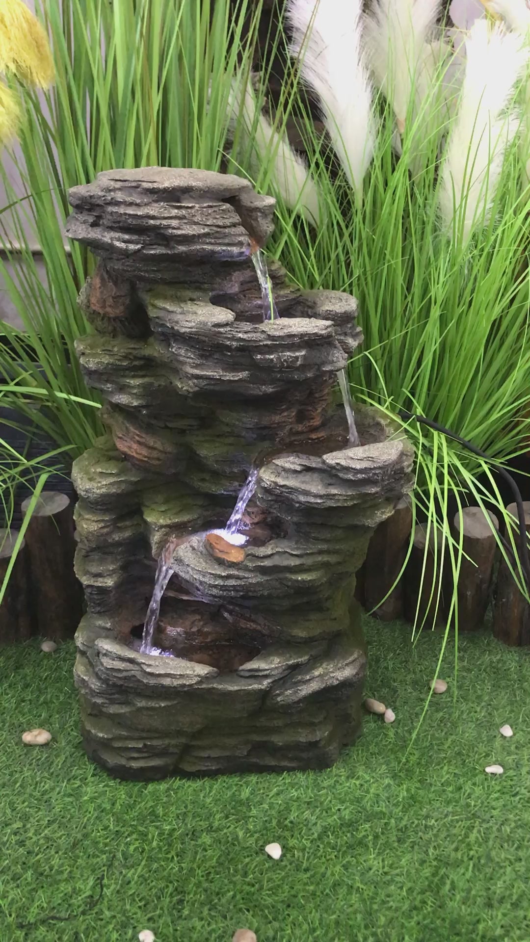 Multilevel Stone Fountain With White Led Lights