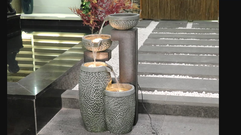 4 Tiers Modern Cascading Water Fountain Outdoor With Warm White Leds